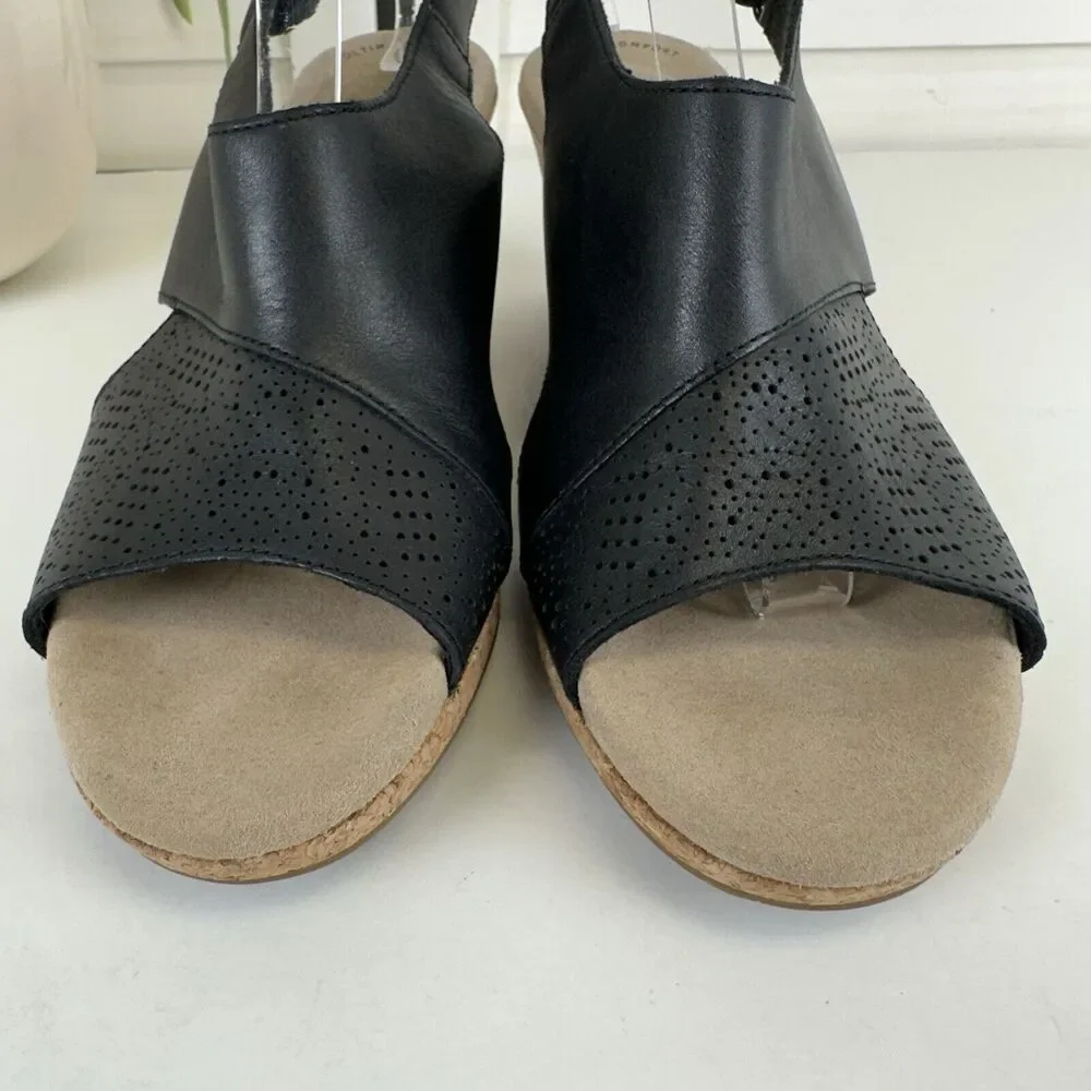 Clarks Lafley Joy Black Lasercut Cork Wedge Heel Sandal Comfort‎ Shoe Size 9 M